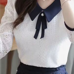 Elegant Lace White and Navy Blouse